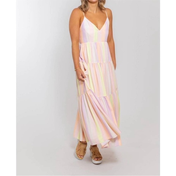 Karlie Pastel Stripe Tiered Midi Dress. Pink and White. Size: Medium. - Picture 1 of 11